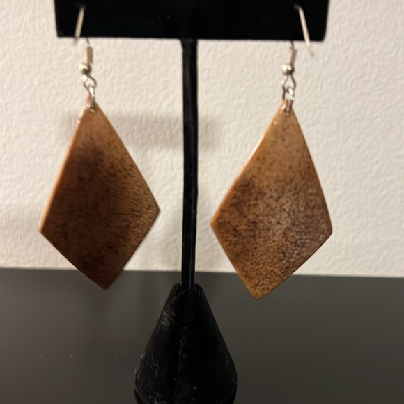 Hand Carved Wood Drop Earrings - Picture 4 of 6